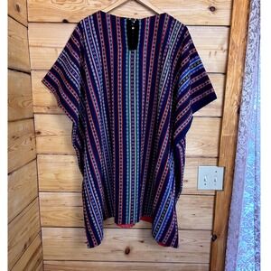 Handmade Vintage Striped Cotton Poncho Velvet Trim Multi Color Boho  Festival